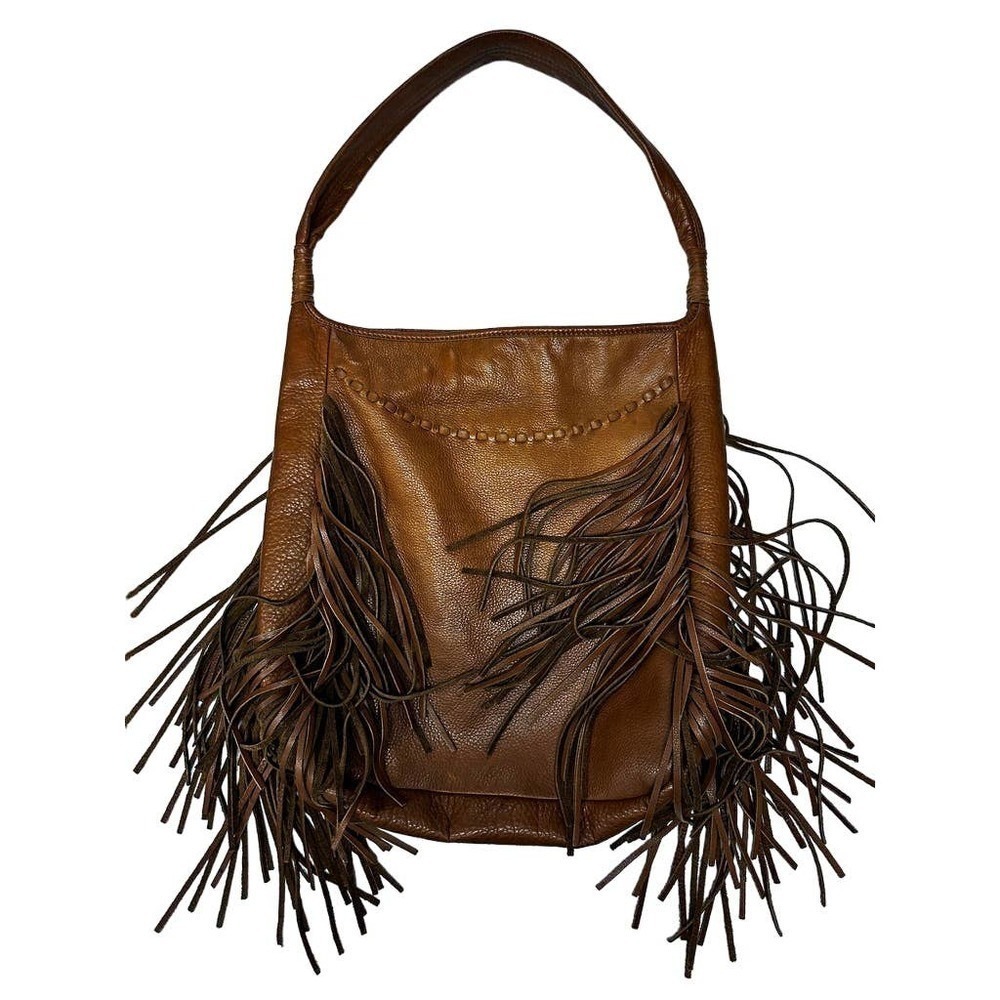 Margot Cognac Brown Genuine Leather Fringed Slouch Bag Large
